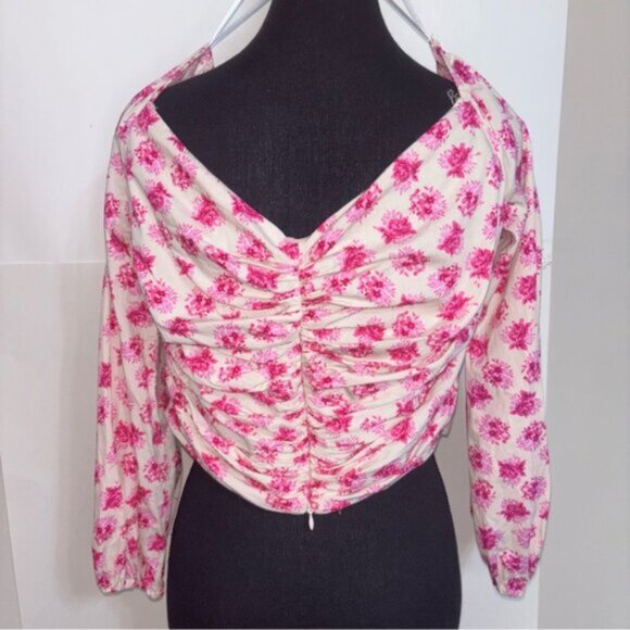 Zara Floral Pink Cream Ruched Women's XL Top On/Off Shoulder Zip Long Sleeve - Picture 8 of 10